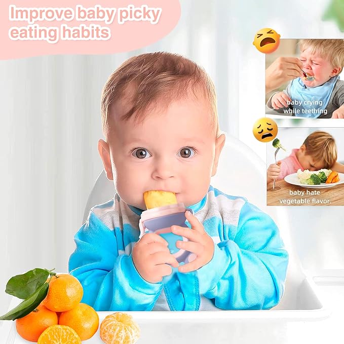 Baby Solids/Frozen Fruit Feeder Pacifier, Infant Teether Toy 4M+, BPA-Free Silicone Pouch & Nipple, Safely Introduce Solids, Teething Relief, 2-Pack - Yellow/Purple (Mouse)