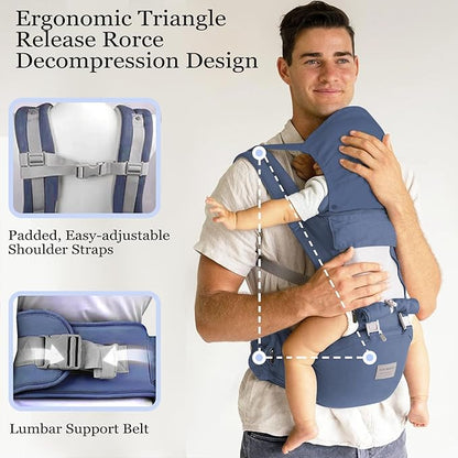 Baby Carrier, 3-in-1 Baby Carrier Newborn to Toddler with Hip Seat (Ergonomic M Position) for 0-36 Month/7-45lbs, Adjustable Size for Enhanced Lumbar Support, Perfect for On-The-go, Blue