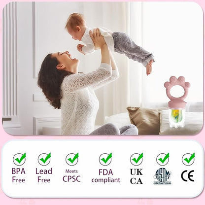 Baby Fruit Food Feeder - Silicone Nibble Tray Combo - Breastmilk Popsicle Mold for Cooling Relief, BPA Free Mesh Feeder for Infant Self Feeding (Claw Pink + Pineapple)