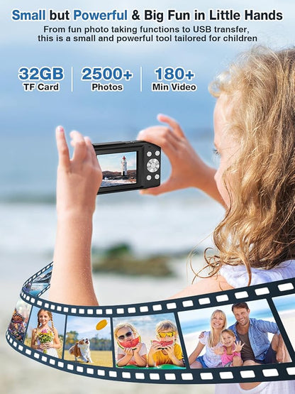 Digital Camera,FHD 1080P Kids Camera 44MP Point and Shoot Digital Cameras with 32GB Card,16X Zoom,Anti-Shake,Date Stamp,Compact Small Cameras Photography for Kids Student Teen Girl Boy(Black)