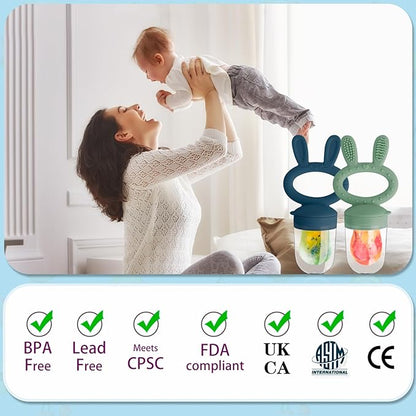 Baby Solids/Frozen Fruit Feeder Pacifier, Infant Teether Toy 4M+, BPA-Free Silicone Pouch & Nipple, Safely Introduce Solids, Teething Relief, 2-Pack - Blue/Green (Rabbit)
