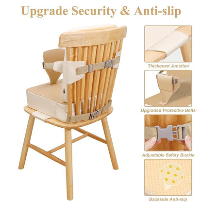 Toddler Booster Seat for Dining Table, Non-Slip Kitchen Chair Booster Seat with Backrest and Adjustable Straps, Portable PU Waterproof Travel Baby Booster Increasing Cushion