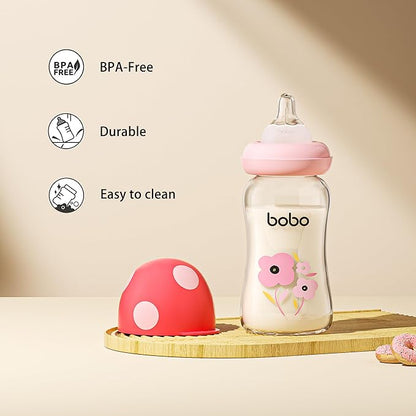 YOHKOH Natural Glass Baby Bottle with Natural Response Nipple, Newborn Anti-Colic Baby Bottles, Wide Neck Mushroom Cap Baby Bottle, Clear ((5.4oz (Pack of 2), Red-1)