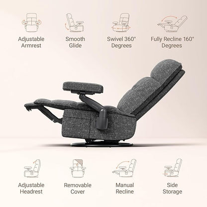 Nursery Swivel Glider Recliner Chair with Adjustable Armrests & Headrest, Rocking Chair Nursery with Removable Cover for Breastfeeding, FSC & Oeko-TEX Certified, Black