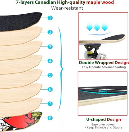 Easy_Way Complete Skateboards- Standard Skateboards for Beginners Kids Boys Girls Teenager- 31''x 8''Canadian Maple Cruiser Pro Skate Board, Skateboards
