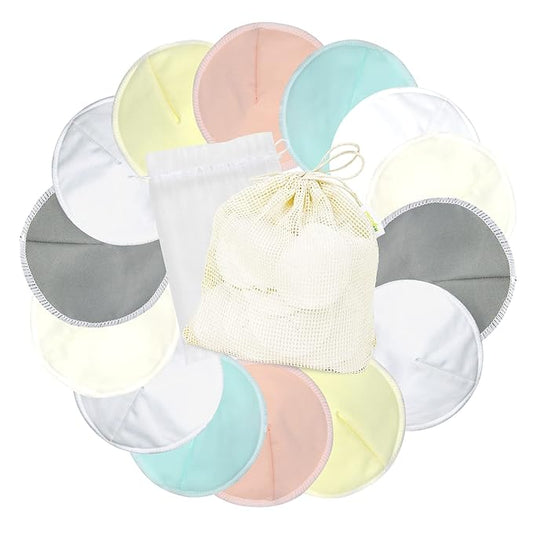 wegreeco Nursing Breast Pads (14 Pack) + Laundry Bag & Travel Storage Bag, 4.7 inch Option - Washable & Reusable Breastfeeding Nursing Pads (Peaceful, Large, Contoured Shape)