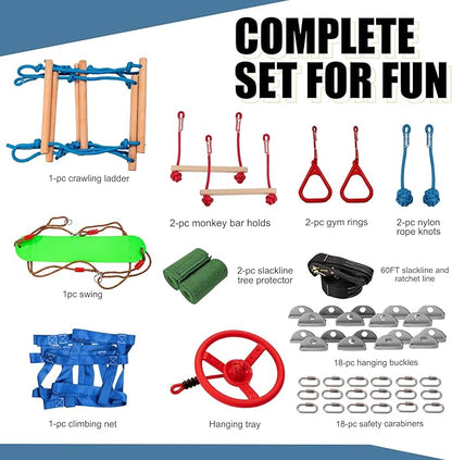 Slsy 60FT Ninja Warrior Obstacle Course with 10 Obstacles, Ninja Slackline Kit for Kids, Durable Playset Equipment for Boys & Girls with Monkey Bar, Swing, Climbing Ladder & Net