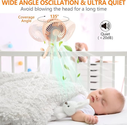 snawowo Mini Portable Baby stroller Fan, Auto Oscillating Battery Operated Personal Small Handheld Fan with Flexible Tripod, Rechargeable Clip On for Car Seat Crib Treadmill Travel Camping Pink