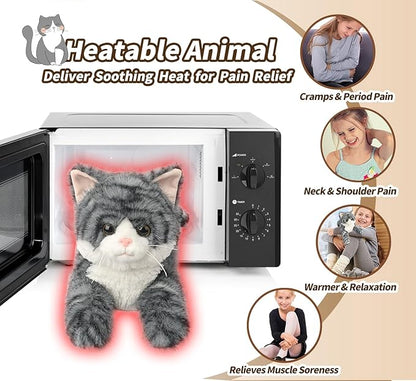 Gray Tabby Cat Stuffed Animals, Microwavable Stuffed Animal Adorable Fluffy Cat Plush for Warmth & Comfort, Heatable & Coolable Lavender Scent Cat Toys, Cute Soft Plushies Cat Gifts for Kids & Adults
