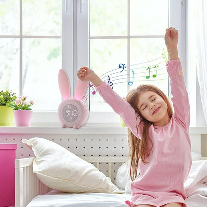 KDtech Kids Alarm Clock with Night Light 6 Ringtones, Cute Pink Bunny Digital Alarm Clock for Kids, Touch Control and Rechargeable Sleep Trainer Clock for Boys Girls Bedroom