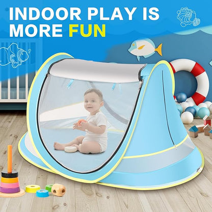 Baby Beach Tent with Baby Hat, Pop Up Toddler Travel Bed with Sun Hat for Boys or Girls, Sun Shade for Toddler Camping, Infant Portable Sun Shade, Summer Beach Baby