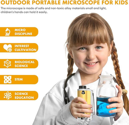 Portable Microscope for Kids, 100x-250x Zoom with LED Lights, Alloy Pocket Microscope for Boys & Girls, Educational Science Kit (Gold)
