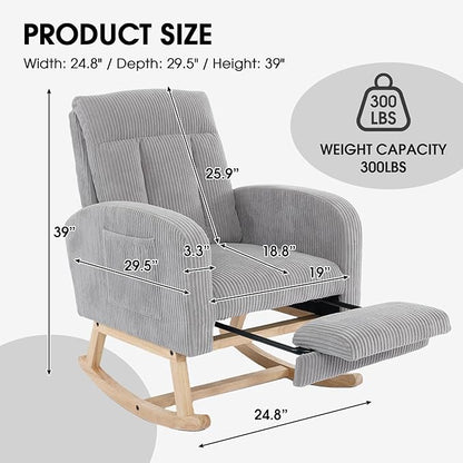 NIOIIKIT Nursery Rocking Chair, Corduroy Upholstered Rocking Chair with Adjustable Footrest, Tufted Rocker Chair with Side Pocket, Glider Rocker for Living Room, Bedroom (Gray Casual)