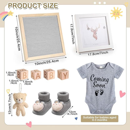 9 Pcs Pregnancy Announcement Set Pregnancy Reveal Ideas Felt Letter Board Baby Bodysuit Booties Photo Frame Bear Plush Wood Blocks for Coming Soon Baby Announcement(Gray)
