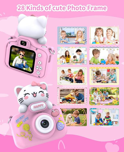 Video Kids Camcocrder, Kids Boys Digital Toddler Camera for 3 4 5 6 7 8 Years Old Birthday Gifts, 1080P Video Camera with Cute Protective Cover & 16GB TF Card, Pink