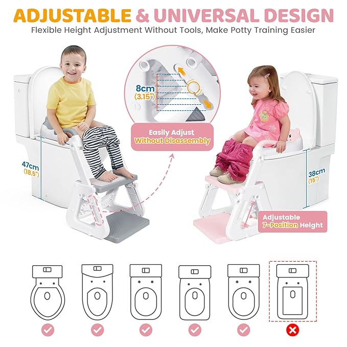 Orzbow Potty Training Seat, 2-IN-1 Toddler Potty Training Toilet with Step Stool, Stability Toilet Seat for Boys Girls with Splash Guard and Anti-Slip Pad, Adjustable Ladder & Potty Seat Height, Pink
