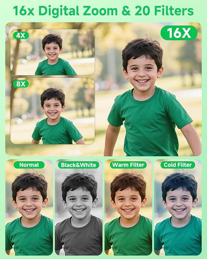 Digital Camera, 44MP FHD 1080P, 16X Zoom, 32GB SD Card, Compact Camera for Kids Teens Adults, Green