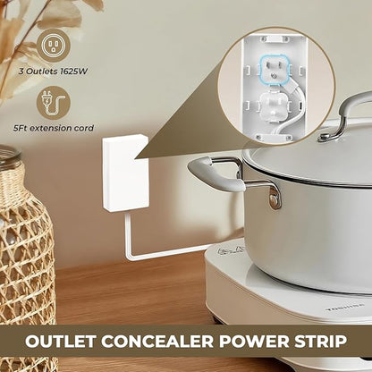 Outlet Concealer Power Strip | 5ft Flat Extension Cord | Ultra-Thin Outlet Cover Extension Cord with 3AC Outlets-,Universal Size,1625W for Kitchen, Home Improvement, Child & Pet Safe
