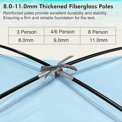 WhiteFang Beach Tent Anti-UV Portable Sun Shade Shelter for 3/4/6/8 Person, Extendable Floor with 3 Ventilating Mesh Windows Plus Carrying Bag, Stakes and Guy Lines