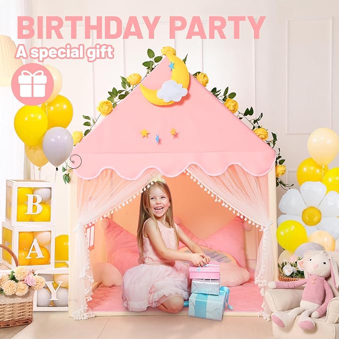 Wilwolfer Kid Tent with Mat, Star Lights - Kids Play Tents for Toddlers Kids Tents Indoor Playhouse - Princess Tent for Girls Toy House Gift (Pink with Mesh)