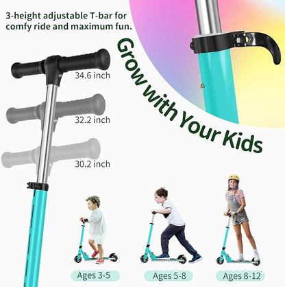 BELEEV V2 Scooters for Kids with Light-Up Wheels & Stem & Deck, 2 Wheel Folding Scooter for Girls Boys, 3 Adjustable Height, Non-Slip Pattern Deck, Lightweight Kick Scooter for Children Ages 3-12