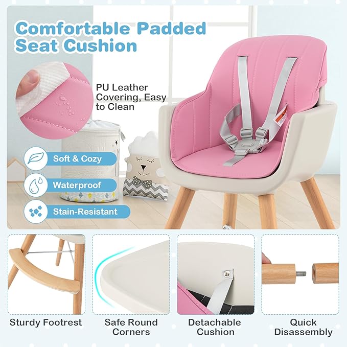 HONEY JOY High Chair, 3-in-1 Eat & Grow Wooden Highchair/Booster Seat/Toddler Chair with Removable Tray, 5-Point Harness, PU Cushion and Footrest for Baby, High Chair for Babies and Toddlers(Pink)