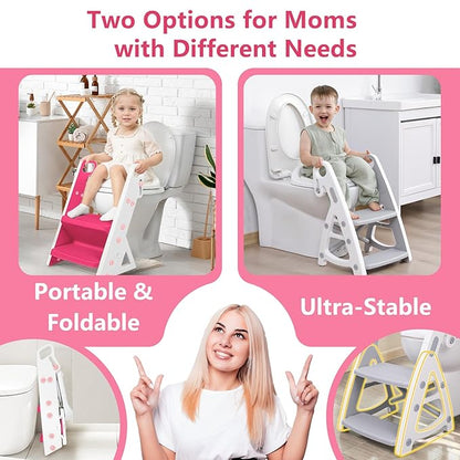 Easy Storage Potty Training Seat with Ladder, Adjustable Step and Toilet Seat Height, Easy-Grip Handles for Climbing, Foldable Portable Toddler Toilet Trainer, Perfect for Small Bathrooms