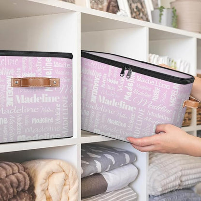 Custom Storage Basket with Name, Personalized Storage Bins with Zipper Lid, Foldable Fabric Storage Box Large capacity with Handle Grey Pink Gradient