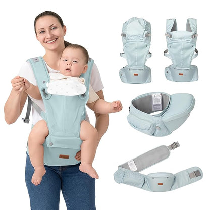 BabbleRoo Grow Carrier – Safety-Certified 6-in-1 Baby Carrier with Hip Seat, Ergonomic & Adjustable Toddler Carrier 7-50 lbs with Hip Support, Hood for Sun Protection, Newborn to Toddler, Seafoam