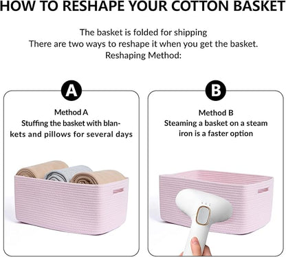 Large Storage Baskets for Shelves, Closet Organizers Bins for Clothes Blanket Towels, Baby Nursery, Toy Baskets Box, Woven Rope Baskets, 17 x 13 x 7.5”, 2 Packs Light Pink