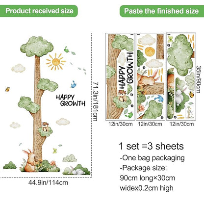 3D Cartoon Height Growth Chart for Kids Wall Stickers Removable DIY Jungle Animals and Plants Height Sticker Peel and Stick Sun White Clouds Wall Art Decor for Nursery Kids Bedroom Living Room