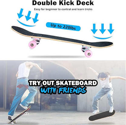 Skateboard,31 x 8 Inch Complete Skateboard, 8-Layer Maple Wood Deck Double Kick Standard Skateboards for Kids, Teens, Adult, Beginner