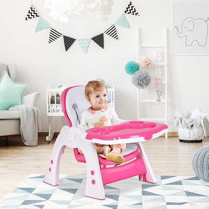 Costzon Baby High Chair, 3 in 1 Infant Table and Chair Set, Convertible Booster Seat with 3-Position Adjustable Feeding Tray, Adjustable Seat Back, 5-Point Harness (Pink)