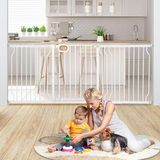 owlie Baby Gate with Door 66-75 Inch, Extra Wide Stair Gates for Kids Adjustable Wide Dog Pet Gate Stairway Large Baby Gates Pressure Mount for Pets for House Stairway Doorway White (30.5'' Tall)