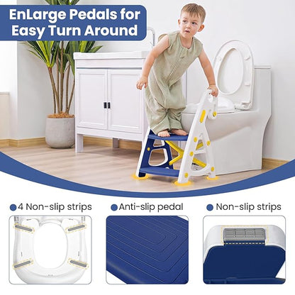 Primlect Potty Training Seat, 2-in-1 Toddler Toilet Seat with Step Stool, Ultra-Stable Potty Chair Attachment, Adjustable Seat and Step Ladder, Non-Slip Design, Splash Guard for Boys and Girls(Blue)