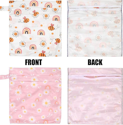 2pcs Travel Waterproof Laundry Bag, Cloth Diaper Wet Dry Bags with Handle & 2 Zipper Pockets, Reusable Washable Dirty Clothes Bag for Baby Adult Travelling Hanging, Bathing Beach Pool Daycare