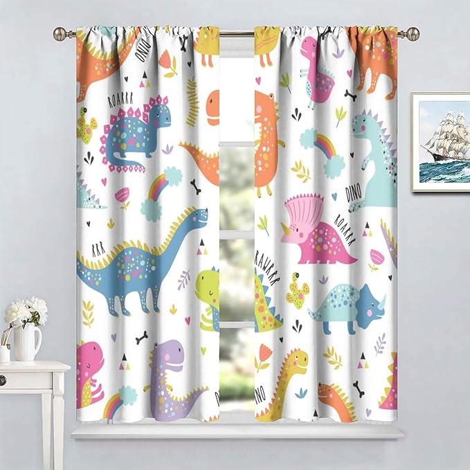 Cartoon Dinosaur Curtains for Kids Boys Girls Home Decor Childish Cute Dino Animals Print Pattern Rod Pocket Blackout Window Drapes for Nursery Baby Bedroom Playroom W31.5xL63in 2 Panels