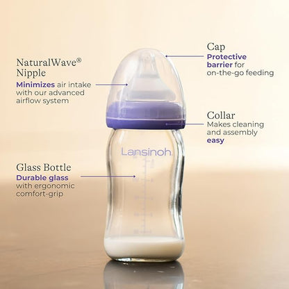 Lansinoh Anti-Colic Glass Baby Bottles, 5 Ounces, 4 Count Bottles for Feeding, Baby Essentials, Includes 4 Slow Flow Nipples, Size S