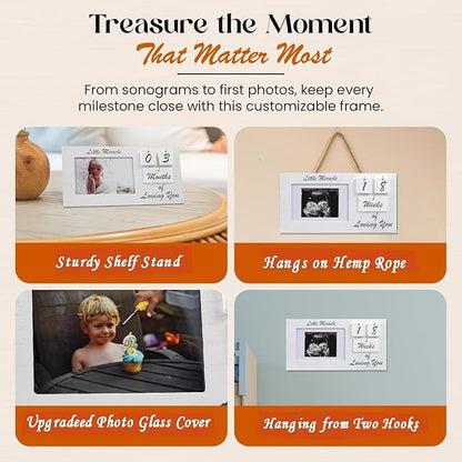White Ultrasound Sonogram Picture Frame with Milestone Tracker – Elegant Wooden Keepsake for Expecting Parents – Nursery Décor Gift for New Moms – Countdown Tiles Included – 12" x 6" Design