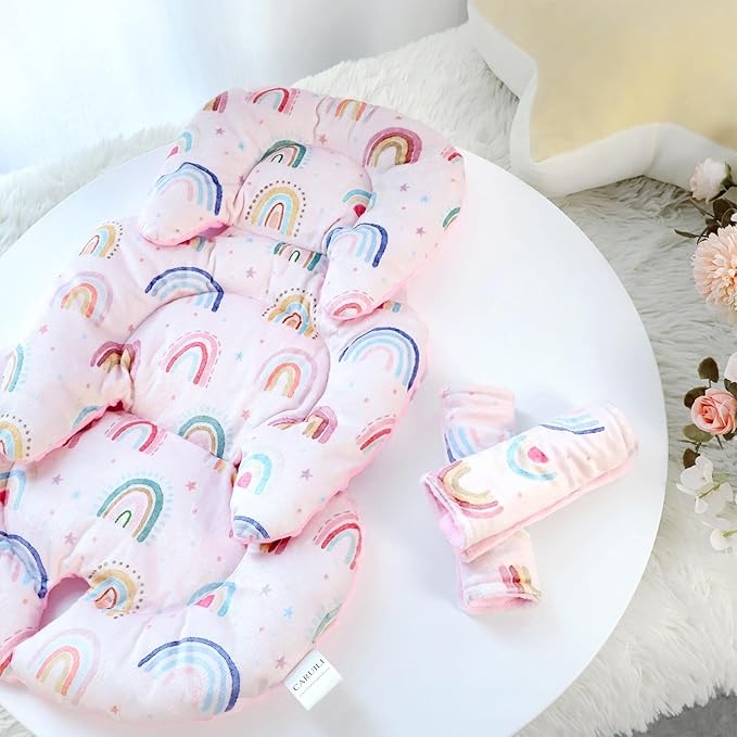 Infant Car Seat Insert, Car Seat Head Support Baby Girls Boys, Soft & Reversible Newborn Carseat Insert Cushion with 2 Strap Covers, for Stroller, Swing, Bouncer (Pink Rainbow)