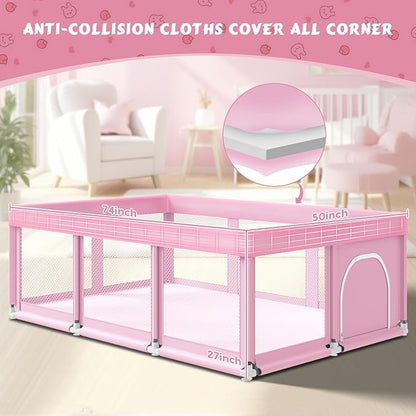 74" ×50" Large Baby Playpen, Baby Playard for Babies and Toddlers, Play Pens for Indoor & Outdoor, Sturdy Safety Play Yard with Soft Breathable Mesh, Anti-Fall, Pink