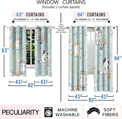 Lovely Cat Blackout Curtains 2 Panels 63" Inch Drapes for Kids Nursery Bedroom Kids Blackout Curtains Animal Themed Grommet Top Thermal Insulated Curtains for Nursery, 82 in x 63 in