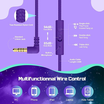 QearFun Kids Headphones Wired with Mic, 85/94dB Safe Volume Limit, Foldable Over Ear, Tangle-Free Cord & Sharing Port, Wired On-Ear Headset for School, Chromebook, Tablet, Travel - Boys & Girls
