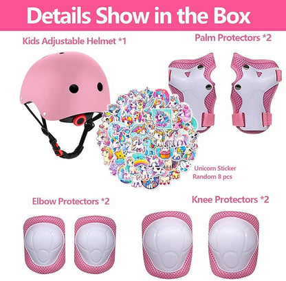 Kids Bike Helmet with Knee Elbow Wrist Pads Guards,Pink,for Ages 2-3-5-8-14,Sports Bicycle,Skate Scooter,Rollerblading with Unicorn Sticker