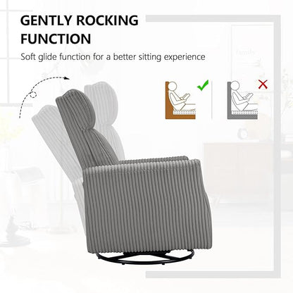 CANMOV Swivel Rocker Chair for Nursery, Swivel Accent Chair with High Back and Arms, Corduroy Glider Chair for Living Room Bedroom Nursery, Grey