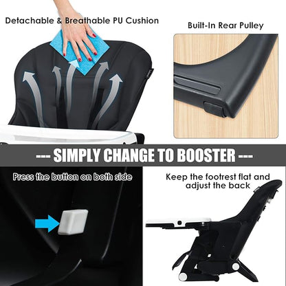 INFANS 4 in 1 High Chair–Booster Seat, Convertible Highchair w/Adjustable Height and Recline,Removable Tray,DetachableCushion, Installation-Free,Simple Fold for Baby, Infant& Toddler