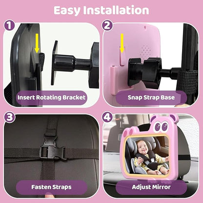 2-in-1 Baby Car Mirror with Lights & Soft Sounds, Cry Detector, Clear Night View, 360° Rotation, Shatterproof, Rear Facing Baby Car Seat Mirror with Remote Control, Perfect Baby Shower Gifts (Pink)