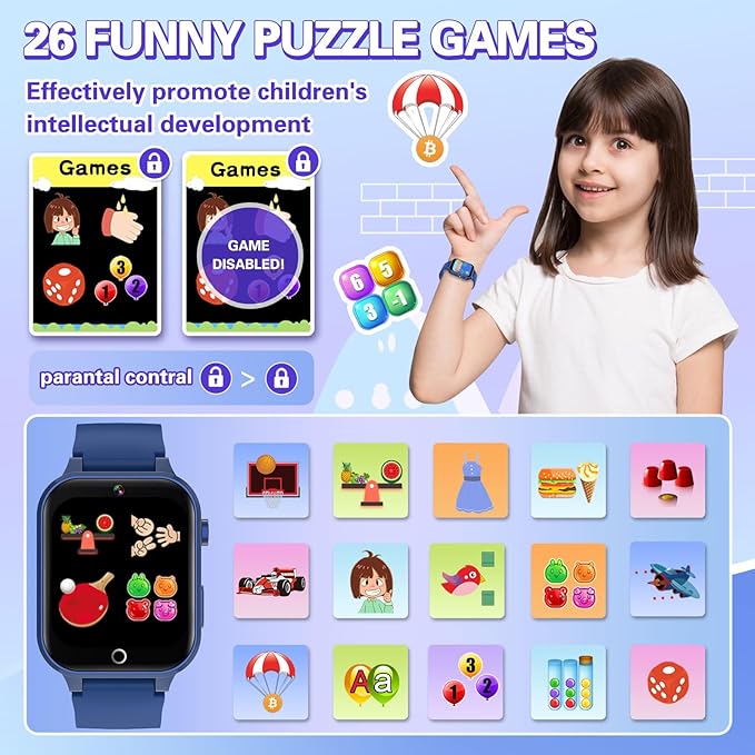 Vakzovy Smart Watch for Kids with 26 Puzzle Games HD Camera MP3 Player Audiobook Video Pedometer Habit Tracking Learn Card Flashlight Kids Smart Watch Boys Gift for 5-12 Year Old Boys Toys