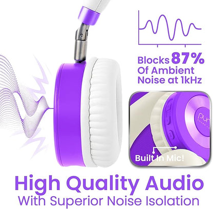 Puro Sound Labs JuniorJam Plus Volume-Limiting Wireless Bluetooth Headphones for Kids, Secure Audio with Adjustable On-Ear Design, 22-Hour Battery, Ideal for Tablets, Smartphones & PCs - Purple
