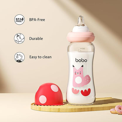 YOHKOH Natural Glass Baby Bottle with Natural Response Nipple, Newborn Anti-Colic Baby Bottles, Wide Neck Mushroom Cap Baby Bottle, Clear (8.8ounce (Pack of 4), Red2)